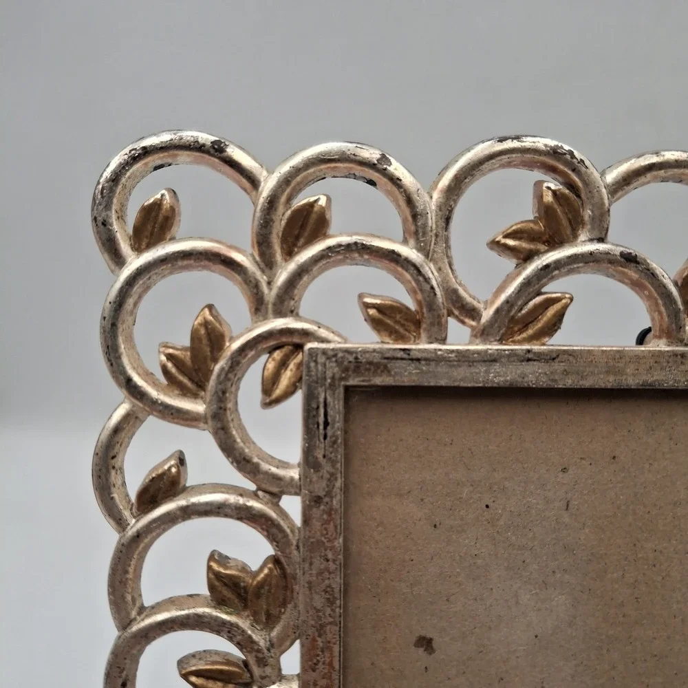 Vintage 1996 Elsa L Inc Picture Frame Silver Gold Leaf Filigree Scroll 3.5x5